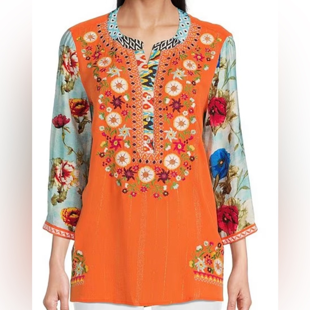 John Mark 3/4 sleeve multi print embroidered
